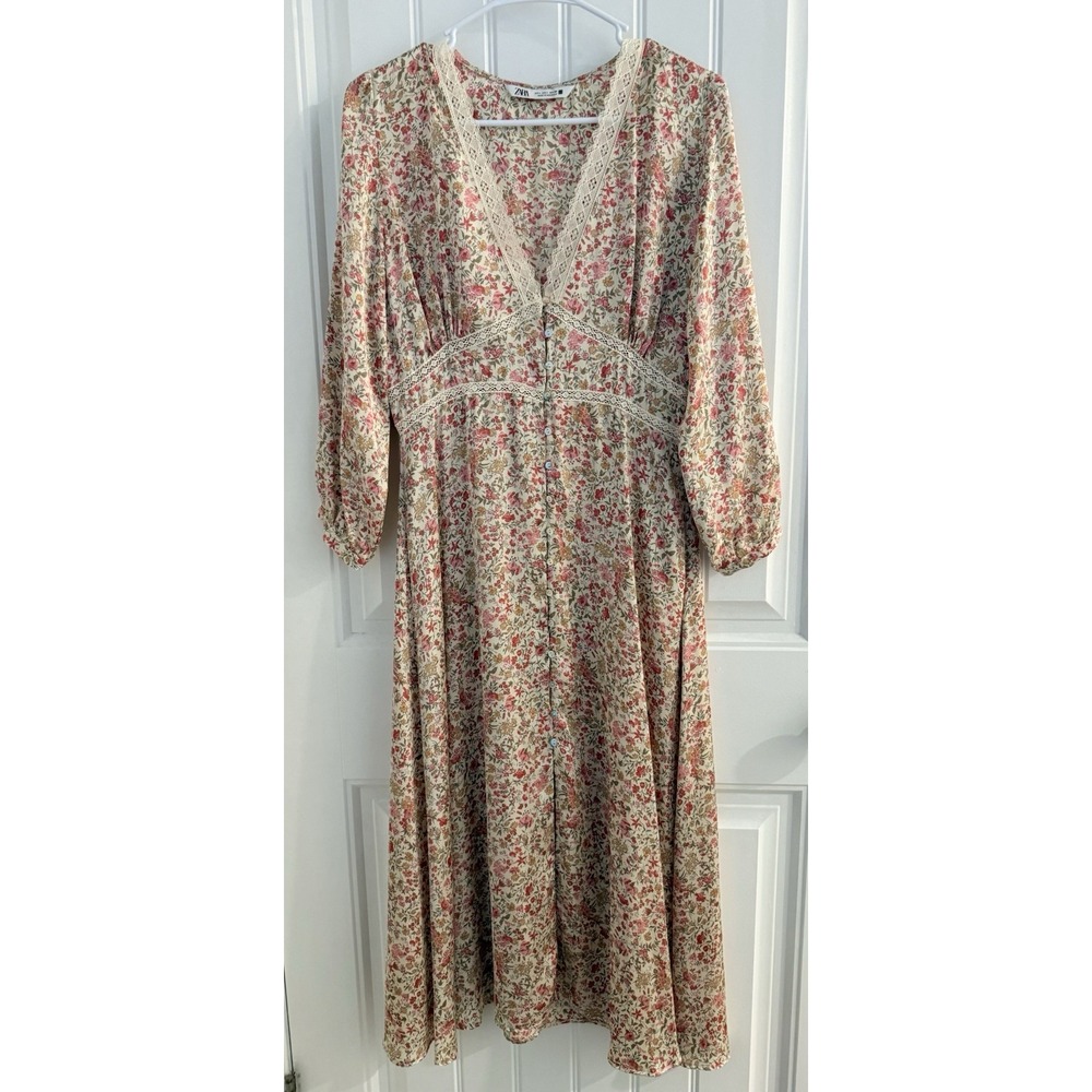 Zara Floral V-Neck 3/4 Sleeve A-Line Viscose Lace Trim Midi Dress, cottagecore - Picture 2 of 3